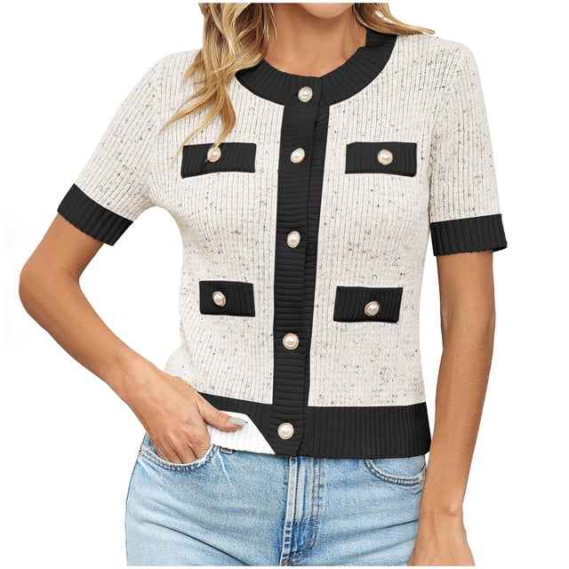 JGGSPWM Womens Short Sleeve Button Down Cardigans Sweater Cropped Lightweight Crew Neck Elegant Knit Tops with Pockets White XXL
