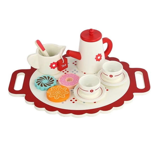Tea Party Tableware Wooden Handicraft Toy Kitchen Pretend Play Set Cooking Coffee Bread For Toddlers Kids Birthday Gift Favors