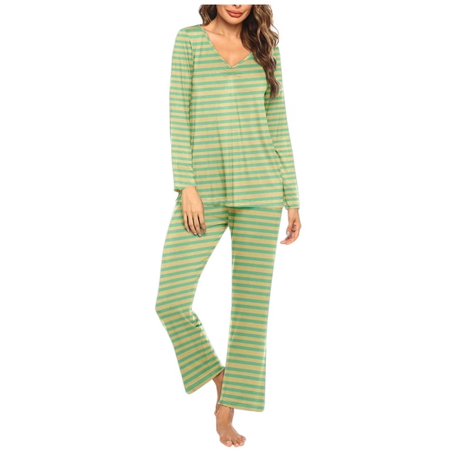 Timegard Pajamas Sets for Women 2 Piece Stripted Long Sleeve V Neck Ruched Top and Pants Fall Pjs Outfits