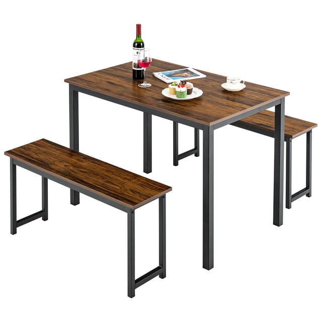 Gymax Modern 3 PCS Dining Table Bench Set with metal frame and wooden tabletop in brown. The set includes a rectangular table measuring 43'' x 27.5'' x 29.5'' and two benches measuring 38'' x 10.5'' x 18''. The table and benches feature a retro brown finish with a sturdy iron frame for durability. The benches can be tucked under the table for space-saving storage, making it ideal for small spaces like apartments or kitchens. The set accommodates up to 4-6 people and is suitable for dining, working, or other uses. Adjustable feet pads protect floors from scratches.