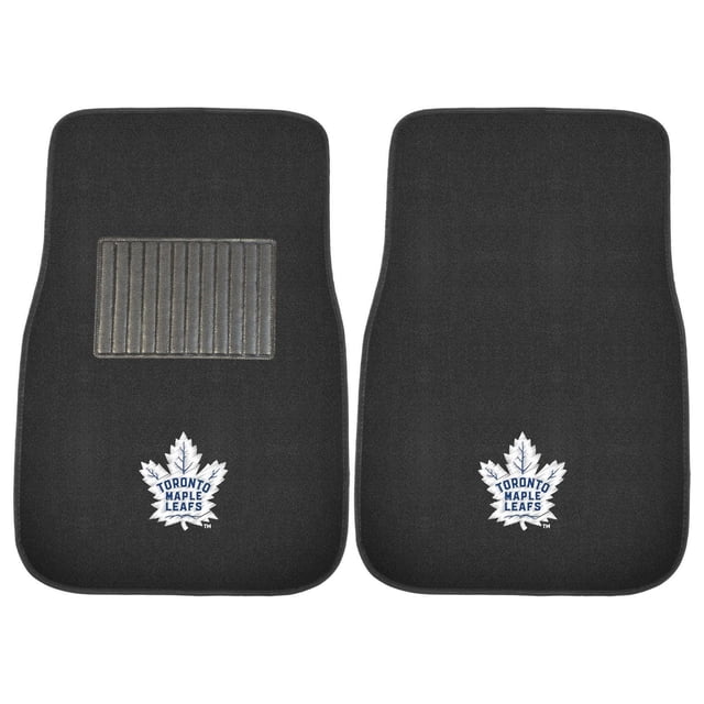 FanMats NHL Toronto Maple Leafs 2PC embroidered car mat set with black polyester face and vinyl backing, embroidered team logos on both mats, driver side heel pad for durability, and nibbed backing to prevent slipping, measuring 17 by 25.5 inches, ideal for protecting vehicle floors.