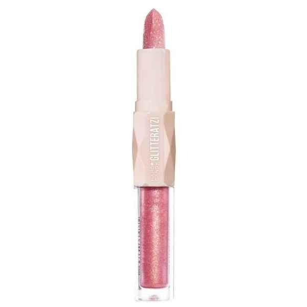 Hard Candy Glitteratzi Crystal Lip Duo with dual-ended faceted metallic pink lipstick and matching glitter gloss in a clear tube, delivering 3D glitter glam, creamy texture, and long-lasting shine for lips.