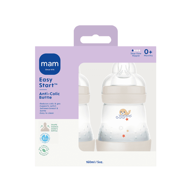 MAM Easy Start Anti-Colic Matte Baby Bottles, 2x5oz Bottles, Slow Flow Bottles with Silicone Nipple