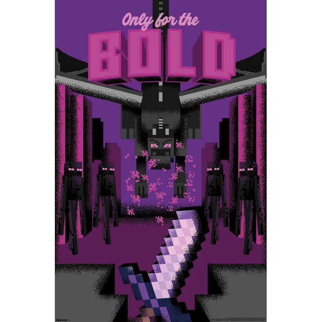 Minecraft : Discover - Seulement pour l'Affiche Murale Audacieuse, 14,725 Pouces x 22,375 Pouces Encadrée, Présentant un art pixel d'Un dragon Noir et de six Endermen Noirs aux Yeux Violets Lumineux dans un Cadre Violet, une Épée Pixélisée au Premier Plan, et un Texte Rose Audacieux « Uniquement pour les Audacieux » en Haut, Convient à la Déco Maison, à l'Art Mural et aux Affiches et Impressions d'Art.