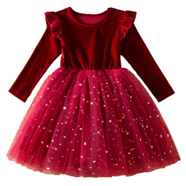 PMVFHDE Liquidation Robe de Fête pour Tout-Petit Robe d'Hiver à Manches Longues pour Fille Tout-Petit en Tulle Patchwork Robe de Fête Costume, Rouge, 3-4 Ans
