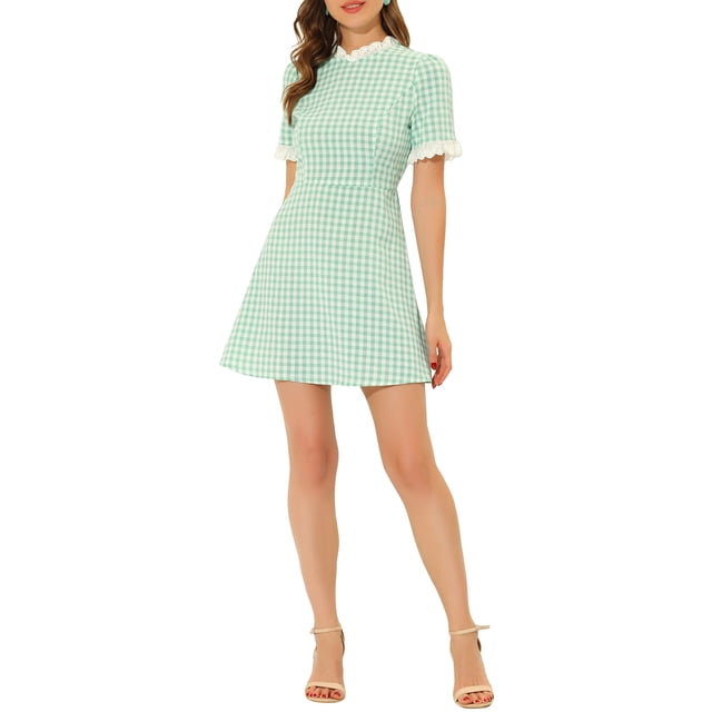 INSPIRE CHIC) Robe Vintage à Manches Courtes, Col à Volants et Empiècements Contrastés, Couleur Verte, pour Femme (.