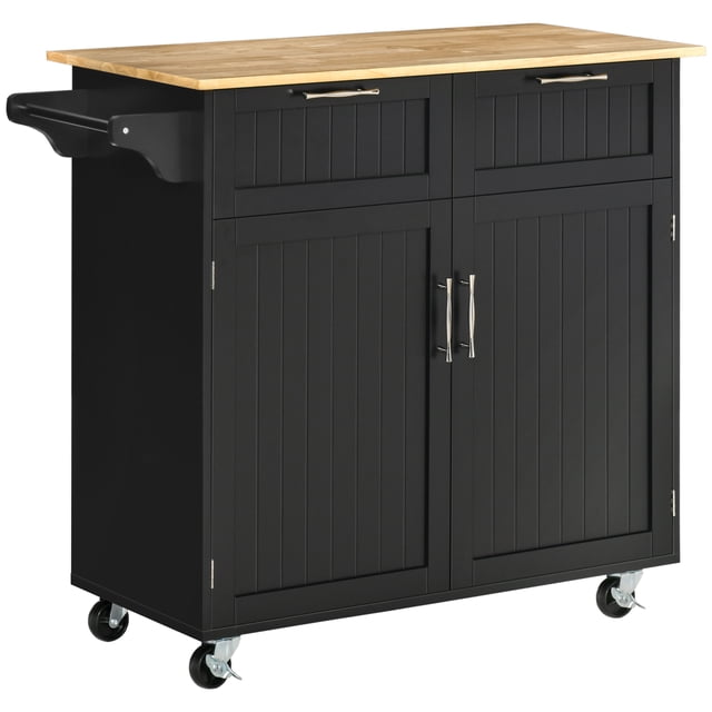 HOMCOM Kitchen Island Roulant avec Armoire de Rangement, Tiroirs et Porte-Serviettes Doté d'Un Cadre en MDF Noir avec un Comptoir en Bois d'Hévéa Naturel. Comprend Deux Tiroirs, une Armoire Fermée avec Tablettes Ajustables et un Porte-Serviettes Latéral. Équipé de Quatre Roulettes à Roulement Fluide, Deux avec Freins Verrouillables, pour une Mobilité Facile. Idéal pour le Rangement en Cuisine Ou à Utiliser comme Chariot à Micro-Ondes Lors des Fêtes à la Maison. Dimensions : 40,9 Pouces de long, 18,1 Pouces de Large et 35,8 Pouces de Haut.