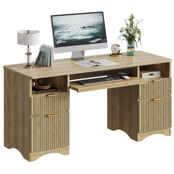Bestier 59" Computer Home Office PC Desk with Keyboard Tray and Storage Drawers, Natual Oak