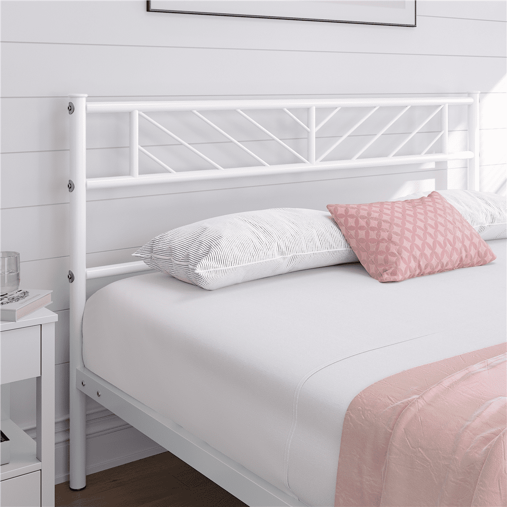 FullFurnique Minimalist Metal Platform Bed with Arrow Design Headboard for Adults, Full, White