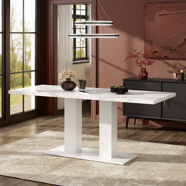 71" Modern Dining Table For 6-8, White Marble Effect Rectangular Kitchen Table With Dual Pedestal Base, Thick Tabletop Kitchen Table For Apartment & Home,,White