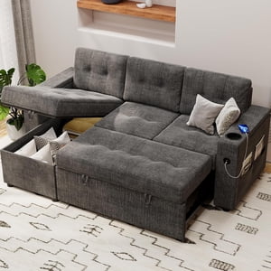 Canapé-lit 84 dans Sleeper Canapé avec Lit Pull Out, Couches confortables pour le salon avec 2 Ports de charge, L Couch en forme avec 2 Armure de stockage et 2 Supports de coupe, Gris foncé