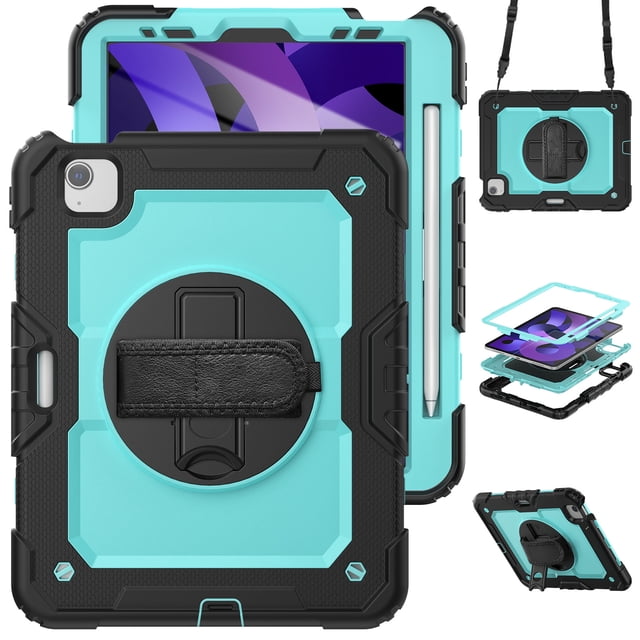 XYX For iPad Air 5th/4th Generation 10.9 inch 2022/2020 Case, 360 Rotating Shockproof Cover with Stand, Screen Protector, Shoulder Strap, Sky Blue PC
