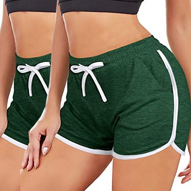 Meichang Gym Shorts Women with Elastic Waisted Drawstring Dolphin Hem Running Exercise Shorts Patchwork Striped Gym Shorts Summer Soft Comfy Workout Jogger Sport Yoga Shorts Green XL