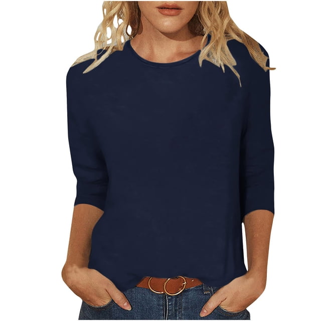 hotojiny Spring Tops for Women Lightweight Solid Color 3/4 Sleeve Crewneck Basics Tees Plus Size Soft Comfy Summer Work Shirt