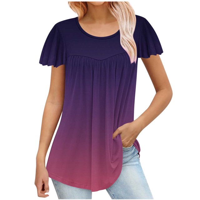 Besolor Hauts d'Été pour Femmes Tendance Dégradé Plissé Manches Courtes Chemises Décontractées Grande Taille Col Rond Blouse Habillée