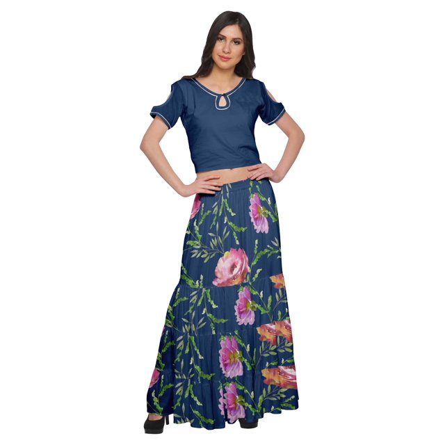Moomaya Printed Rayon Cold Shoulder Crop Top And Skirt Ethnic Set For Women