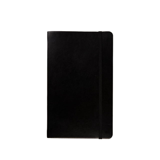 PEN+GEAR medium hard cover premium journal in black textured PU leather with elastic closure and rounded corners, measuring 5.12 by 8.26 inches, featuring ruled pages ideal for writing and note-taking, also suitable for organizing daily plans.