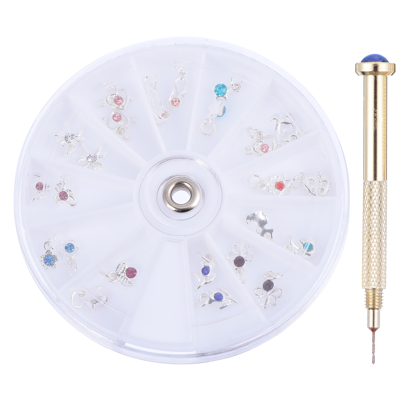 24Pcs Dangle Nail Art Charms Pendants with 1Pcs Nail Piercing Tool Hand Drill