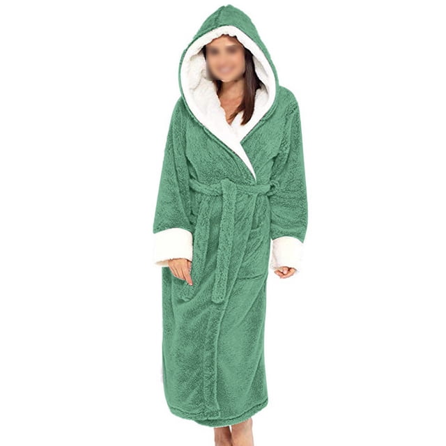 MAWCLOS Peignoir en Peluche pour Femmes à Capuche Sherpa Robe de Chambre Couleur Unie Manches Longues Vert L