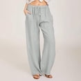 thumbnail image 2 of RKSTN Womens Pants Fall Casual Cotton Linen Drawstring Long Pants Elastic Waist Lightweight Wide Leg Pants with Pockets, 2 of 9