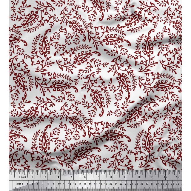 Soimoi Poly Georgette Fabric Leaves & Paisley Block Printed Craft Fabric by The Yard 52 Inch Wide
