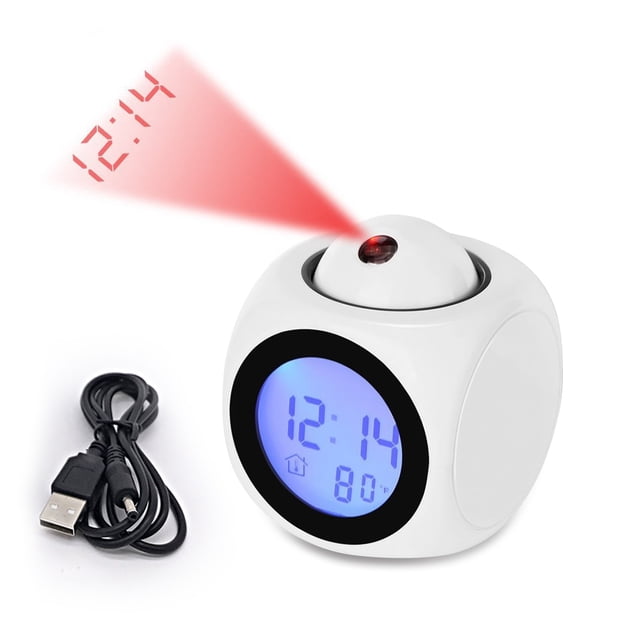 Wweixi Alarm Clock Electronic Desktop Digital Bell Clocks Projector Temperature Display Meter Travel Living Room ℉/℃ White