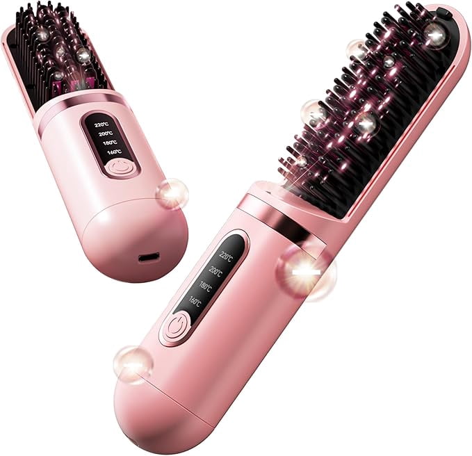 Cordless Hair Straightener Brush, Portable Straightening Brush for Travel, Rechargeable, 100 Million Negative Ions Hair Straightener Brush for Women, Lightweight PinkGolden