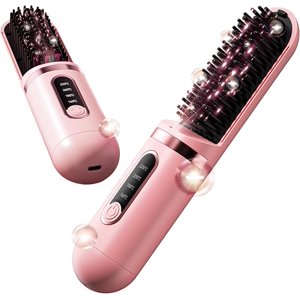 Cordless Hair Straightener Brush, Portable Straightening Brush for Travel, Rechargeable, 100 Million Negative Ions Hair Straightener Brush for Women, Lightweight PinkGolden