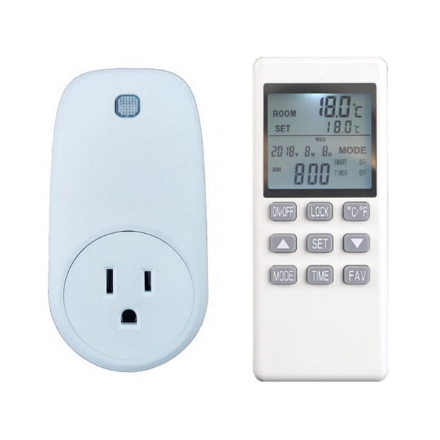 Wexstar Plug-In Thermostat with Digital Display Remote Control for Portable Heaters showing a white plug-in thermostat with a standard North American outlet and sensor, alongside a white remote control with an LCD screen displaying temperature, timer, and mode settings, plus buttons for on/off, lock, °C/°F toggle, mode, time, and favorite functions, suitable for programmable temperature control and energy saving in home heating.
