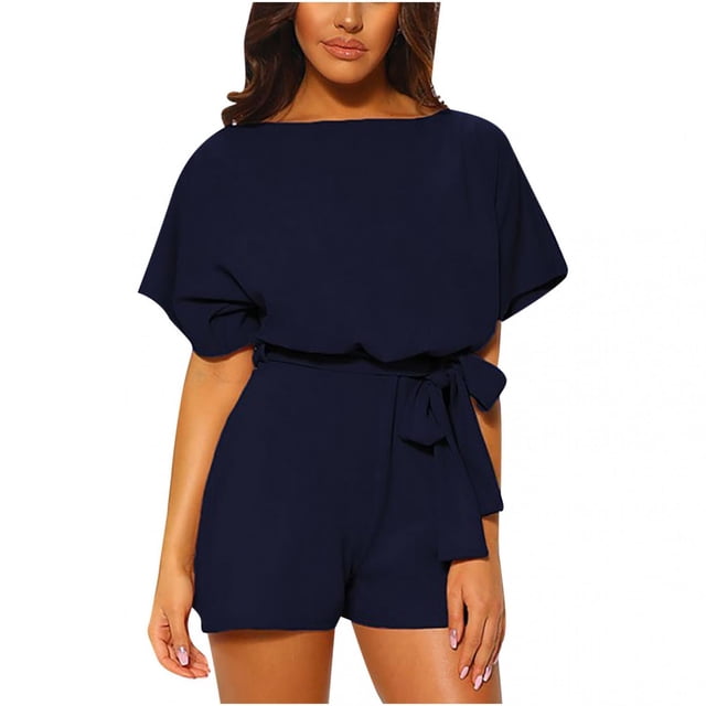 TIMIFIS Women's Summer Jumpsuit Belted Keyhole Back Short Sleeve Solid Color Jumpsuit on