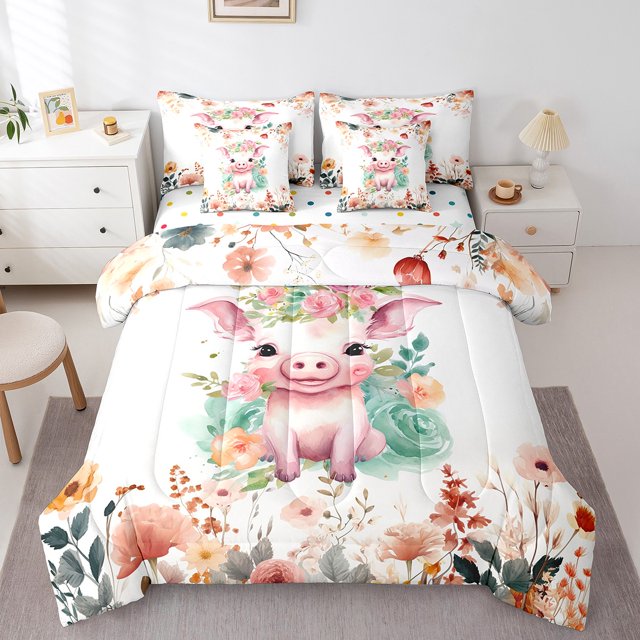 YST, Cochon Mignon, Literie Florale de Printemps, 7 Pcs, Animal Kawaii, Simple, Coloré, Floral, Chic, Lit en Sac, Simple