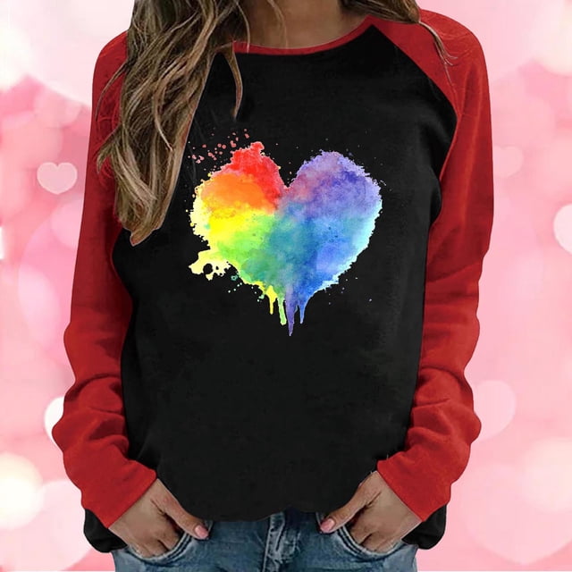 Qertyioot Chandail Cœur d'Amour Saint-Valentin Grande Taille, Haut à Manches Longues pour Femme à Col Rond, Haut Décontracté Raglan à Panneaux Contrastés de Couleur, Coupe Ample, Imprimé, Blouse à Manches Longues à Col Rond