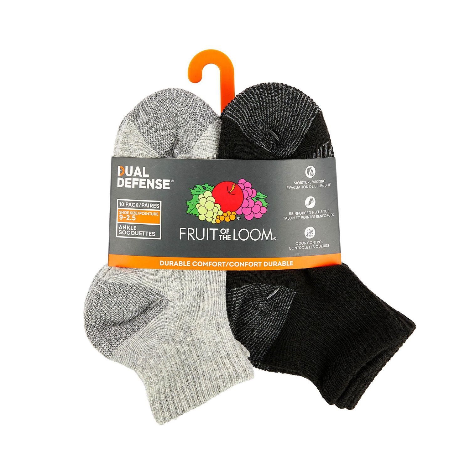 Chaussettes mi-mollet Fruit of the Loom pour garçons, paquet de 10, Dual Defense, coussinées, évacuation l’humidité, contrôle des odeurs, couleurs assorties