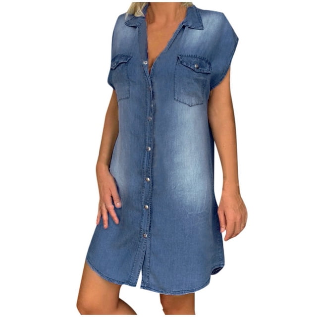 2025 Robes Décontractées pour Femmes à Col Rabattu, Robes Habillées Décontractées pour Femmes, Robes de Fête en Denim, Robe Portefeuille Sans Manches pour Femmes, Été, Évasée