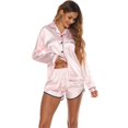 thumbnail image 2 of 2pcs Womens Silk Satin Pajamas Set Button down Floral Pattern Long Sleeve Sleepwear + Short Pants Set Nightwear, 2 of 6