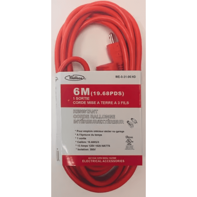 Wellson WE-0-31-06HD Rallonge Électrique 6 m en 3 Broches (Extérieur), une Rallonge Rouge durable de 6 Mètres (19,68 Pieds) à Trois Broches, Conçue pour une Utilisation Intérieure et Extérieure. Comprend une Jauge de 16 AWG/3, 13 a, 125 V et une Capacité de 1625 watts, avec Isolation de 300 V. Emballée avec une Image de Marque et des Spécifications Claires.
