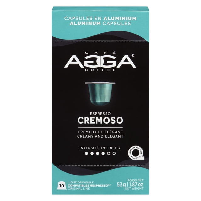 Cremoso Capsules 10 count by AGGA Coffee, a teal and black box containing aluminum espresso capsules compatible with Nespresso OriginalLine machines, delivering creamy and elegant espresso with medium intensity, net weight 53g (1.87 oz).