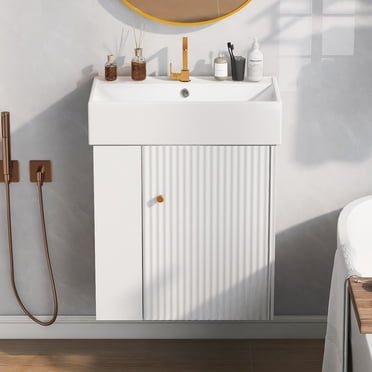 Homy Casa Modern 21.6 Inch Wall-Mounted Bathroom Vanity Cabinet with Ceramic Basin - Left Storage, White
