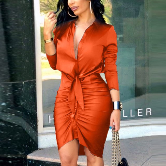 CEHVOM Robe Professionnelle pour Femmes à Col en V à Manches Longues Robe Chemise Unie à Liens