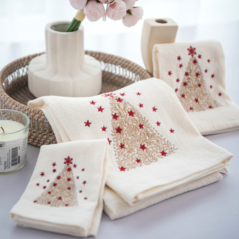 Marina Decoration Xmas Ensemble de Serviettes de Luxe Premium Ultra Doux 100 % Coton Brodé Moderne de Noël 3 Pcs