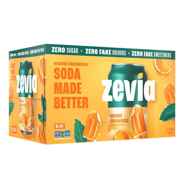 Zevia Orange Creamsicle six-pack of 355 ml cans featuring zero sugar, zero fake colours, and zero fake sweeteners. The orange packaging displays orange creamsicle popsicles and orange slices, highlighting a naturally flavoured cream soda made better and suitable for calorie-conscious consumers.