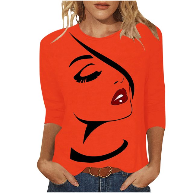 Penkiiy Hauts pour Femmes Mode Femmes T-shirt Imprimé Mi-Long Manches 3/4 Blouse Col Rond Hauts Décontractés Rouge Vêtements Y2K