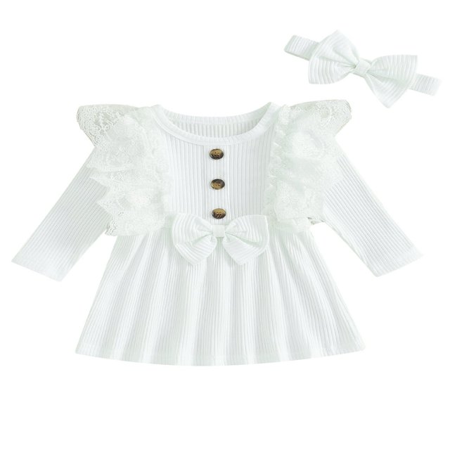 Robe d'Automne pour Bébé Fille Manches Longues Côtelées Robe Princesse Ligne A avec Bandeau