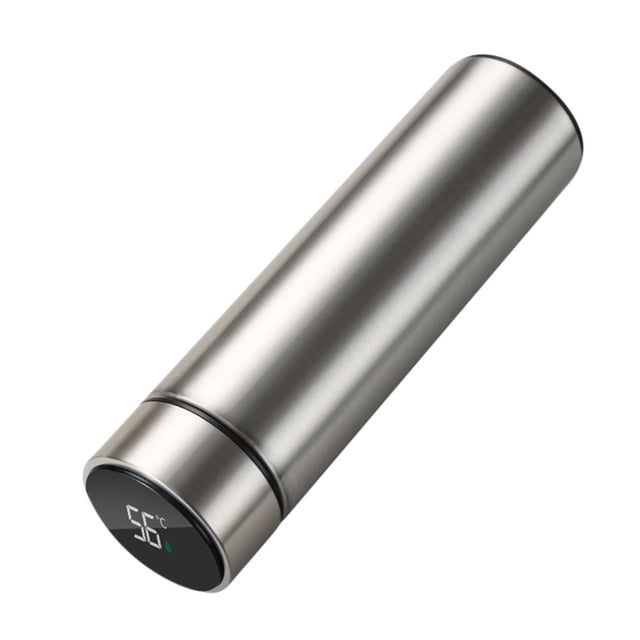 JUNWELL Travel Kettle, a portable electric kettle with a 500ML capacity, featuring a sleek stainless steel design and an LCD temperature display. This small water boiler is equipped with temperature control, a 316 stainless steel interior, and a vacuum-insulated body for long-lasting heat retention. The kettle also functions as a USB mobile power source with a 2000mAh battery, making it ideal for travel, work, and outdoor activities. The compact cylindrical design includes a touch-sensitive LED screen for real-time temperature monitoring and a leak-proof 360-degree rotation lid.