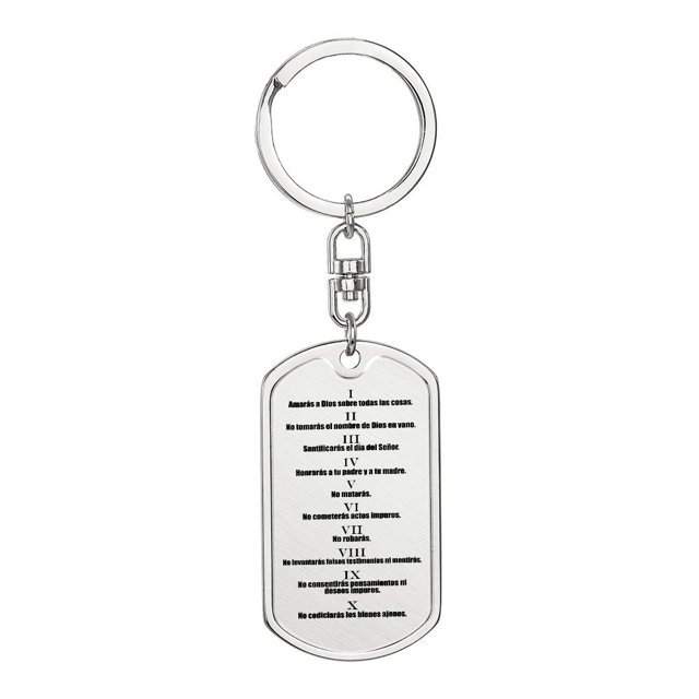 Ten Commandments Spanish Diez Mandamientos Bible Keychain Stainless Steel or 18k Gold Dog Tag