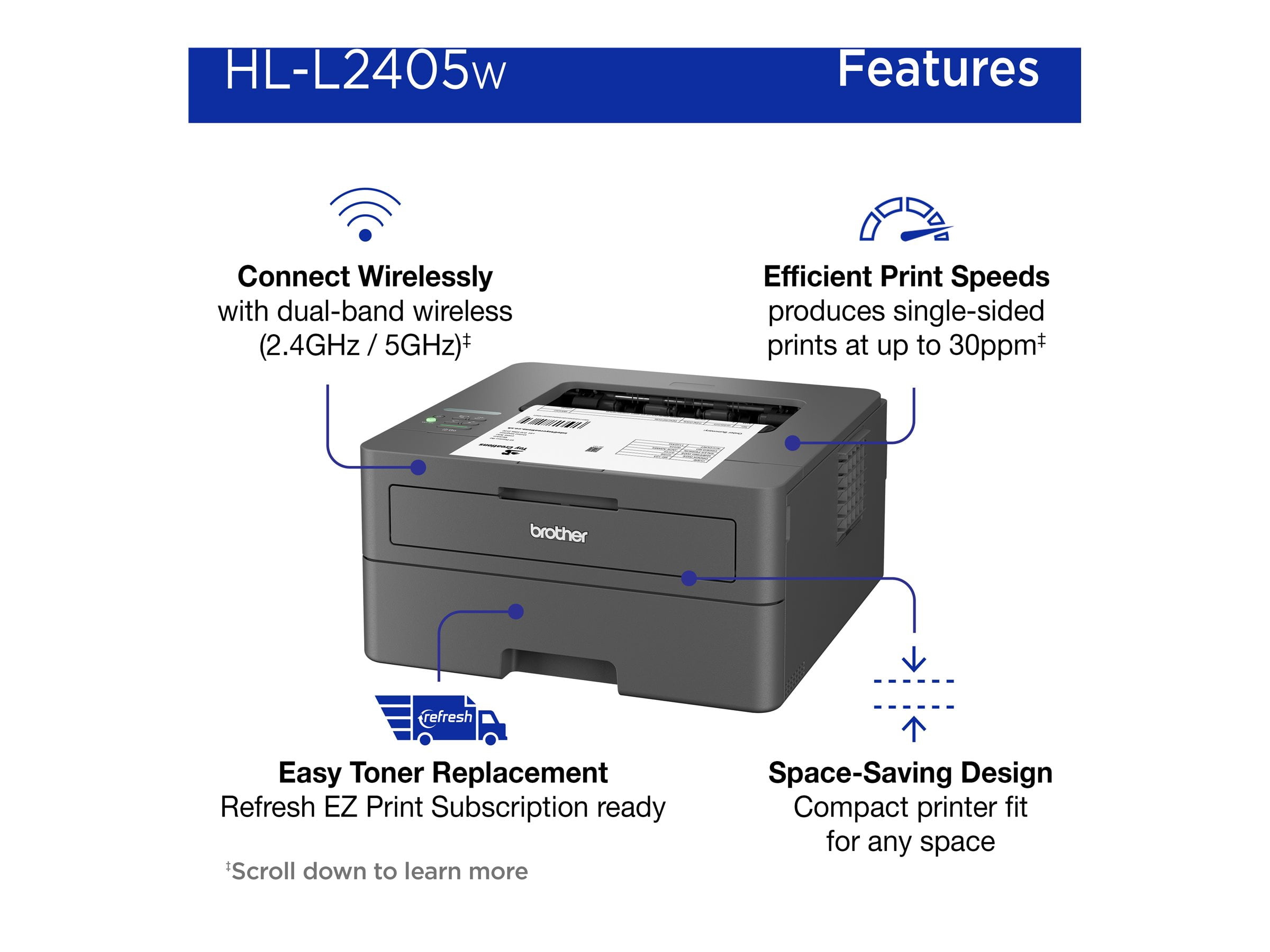 Brother HL-L2405W - Printer - B/W - laser - A4/Legal - 1200 x 1200 dpi - up to 30 ppm - capacity: 250 sheets - USB 2.0, Wi-Fi(n)