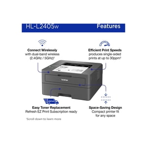 Brother HL-L2405W - Printer - B/W - laser - A4/Legal - 1200 x 1200 dpi - up to 30 ppm - capacity: 250 sheets - USB 2.0, Wi-Fi(n)