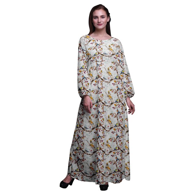 Bimba Robe Maxi à Manches Longues pour Femmes en Poly Georgette Imprimée Aquarelle Arbre et Merle d'Amérique, Taille Élastique - XX-Grand