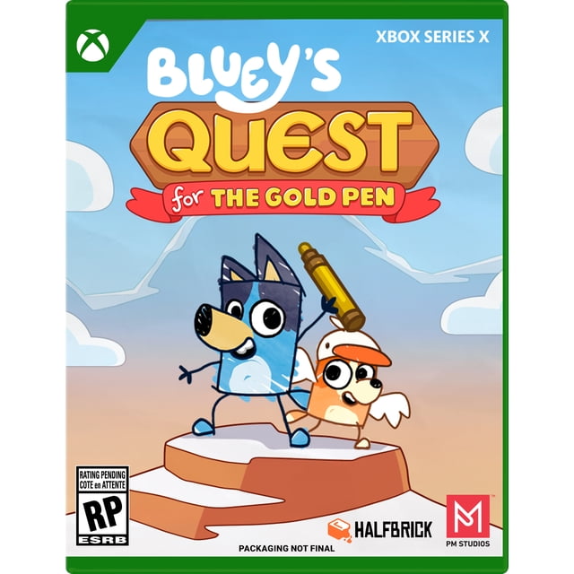 Bluey's Quest for the Gold Pen Xbox Series X game cover featuring animated characters Bluey and Bingo standing on a rock with Bluey holding a large gold pen, set against a blue sky with clouds, including ESRB rating pending and logos for Halfbrick and PM Studios, suitable for family adventure game players.