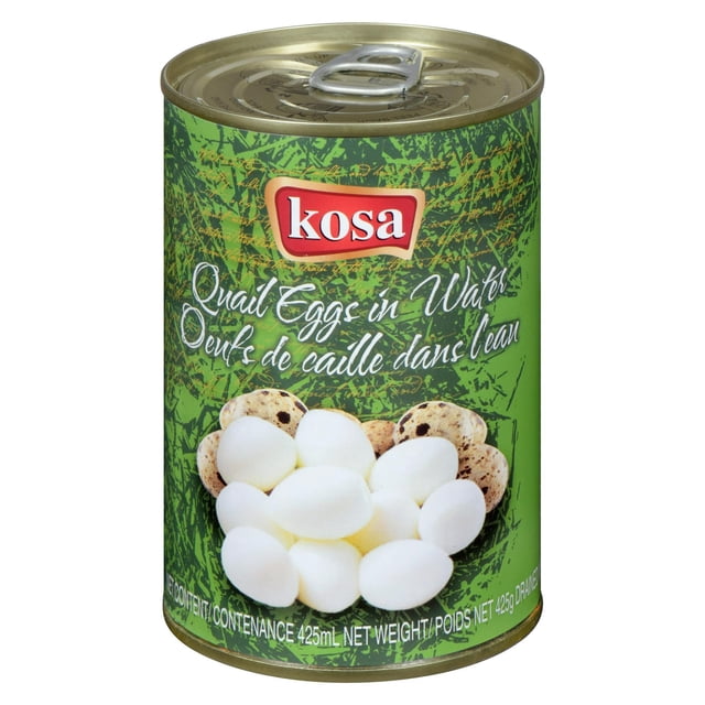 Kosa Can Quail Eggs in Water showing a green can with the Kosa logo, featuring peeled white and speckled unpeeled quail eggs on the label, 425 g net weight, popular in Asian cuisine and nutritious for vision and brain health, also suitable for adding protein to salads or snacks.